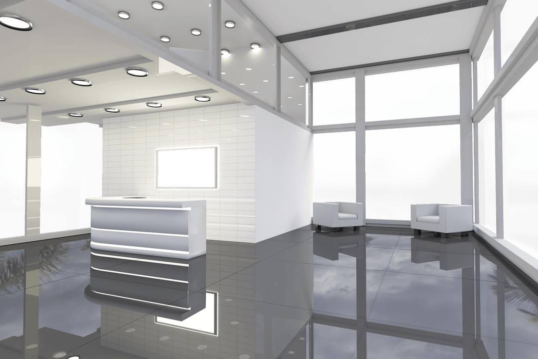 Sleek Transparent Office Lobby with Modern Furniture and Ample Lighting