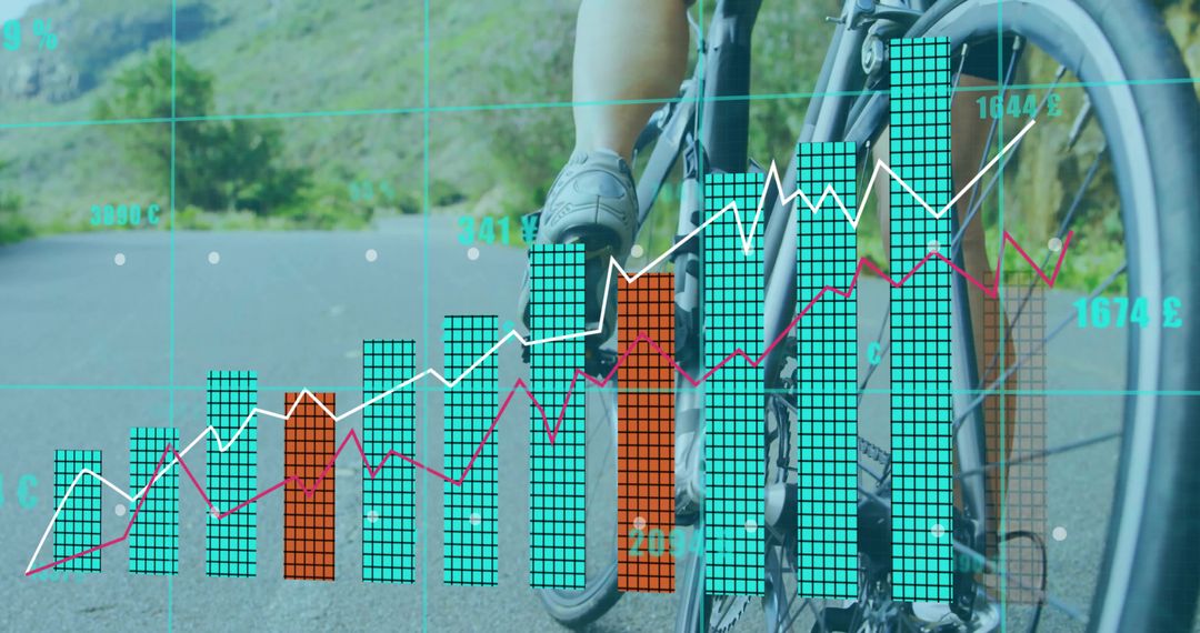 Cyclist Riding with Data Visualization on Mountain Road