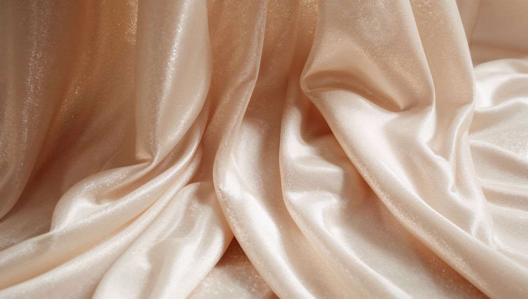 Champagne Satin Drapery Catching Light with Subtle Glitter Speckles and Soft Shimmer