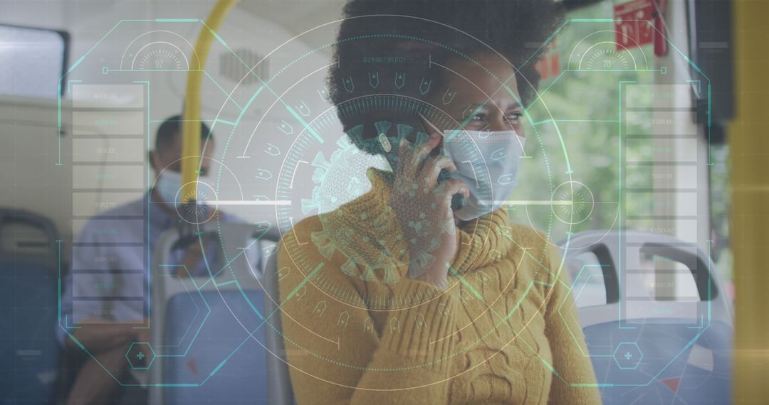 Woman with Face Mask Analyzing Digital Data Interface on Bus