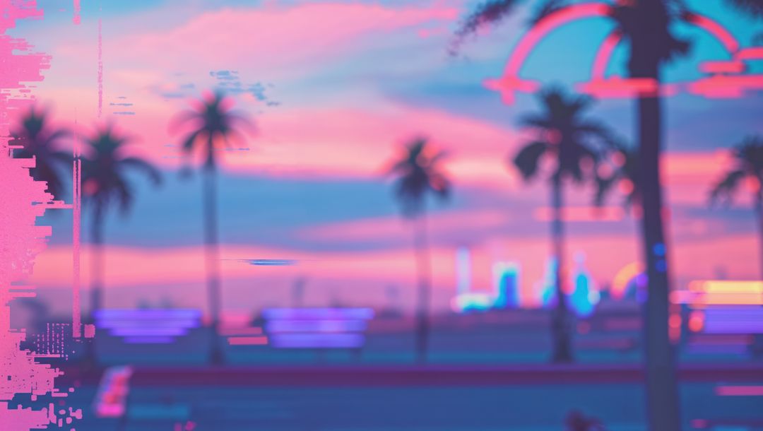 Futuristic Palm Waterfront at Dusk with Glitch Art Effects