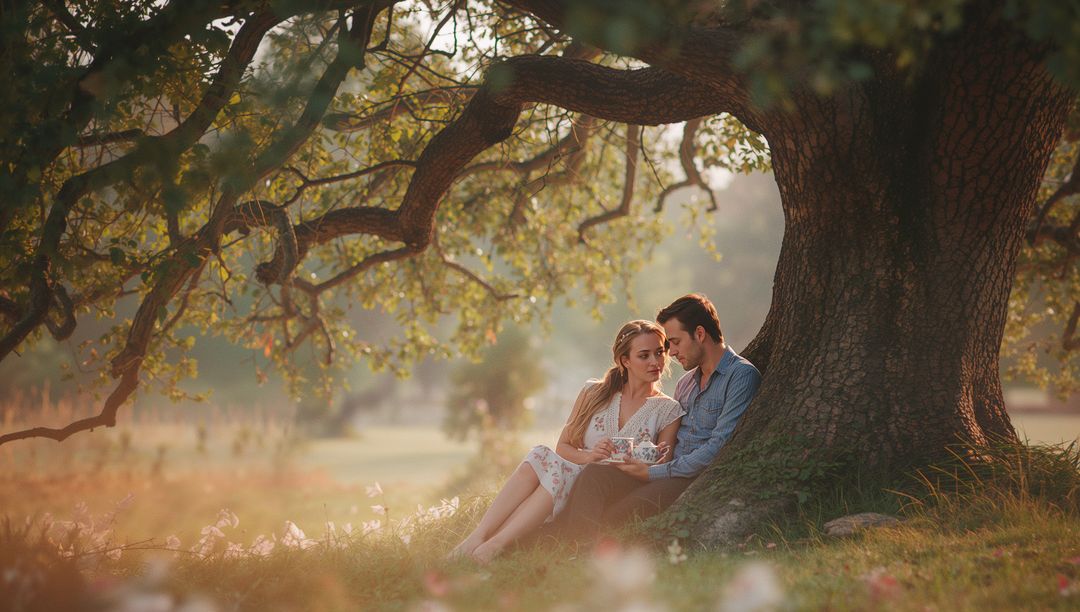 Romantic Couple Relaxing Under Majestic Oak Tree in Tranquil Meadow