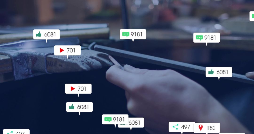 Artisan Filing Metal with Social Media Interaction Icons Overlay