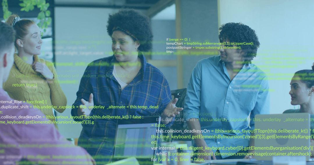 Diverse Team Discussing Software Development in Modern Office