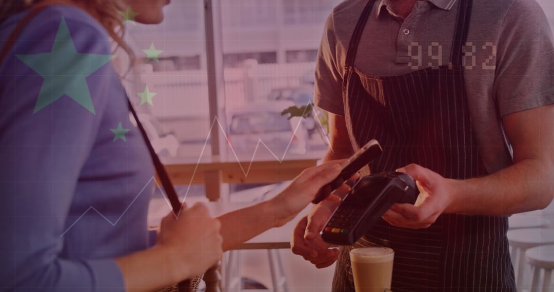 Customer Using Mobile Payment at Coffee Shop Counter