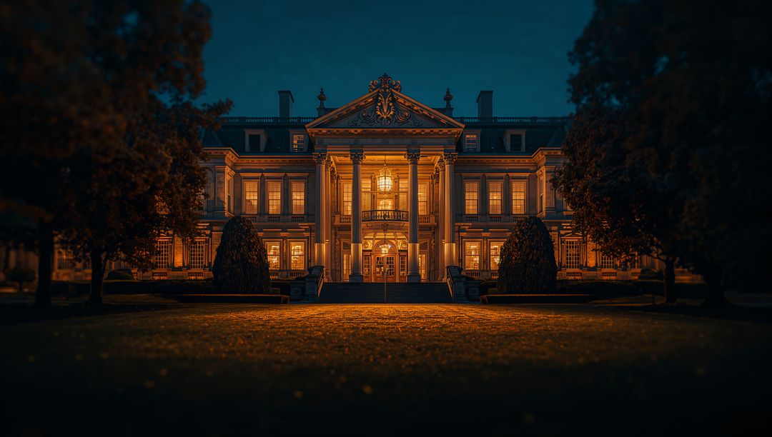 Illuminating Neoclassical Mansion at Night with Glowing Portico and Chandelier