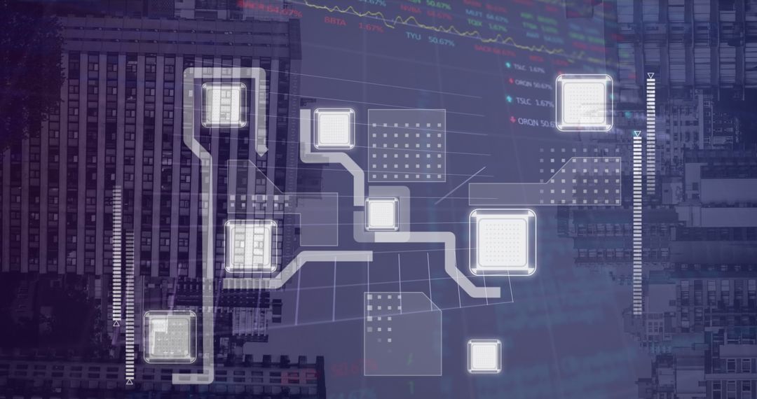 Stock Market Data Overlay Buildings with Global Tech Concept