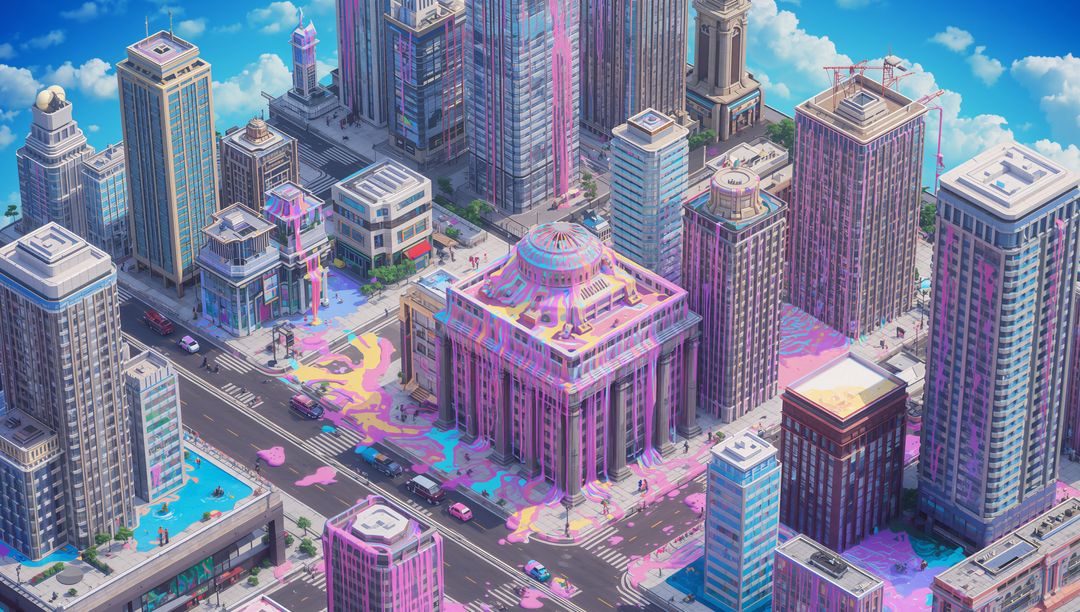 Surreal Pastel Paint Flooding Classical Domed Bank in Isometric Cityscape with Neon Accents