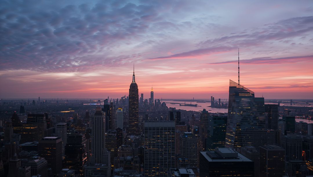 Manhattan skyline at dusk with lit spire and glass tower antenna over river panorama