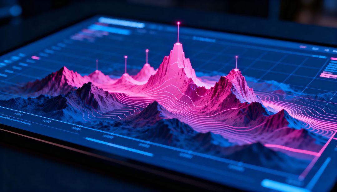 Displaying neon 3D topographic visualization on tablet with glowing peak markers