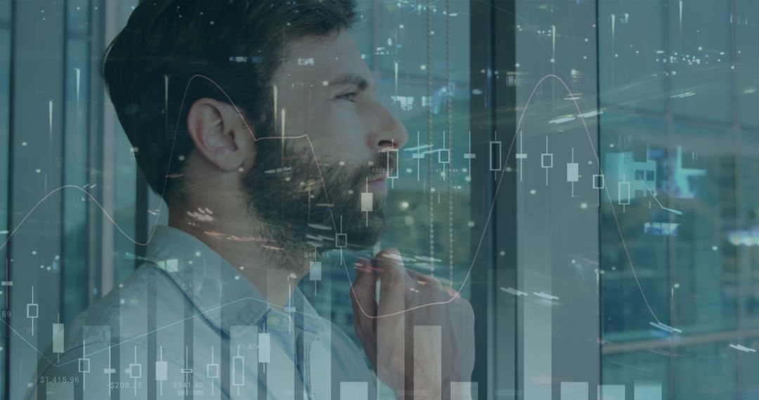Businessman Contemplating Financial Data with Transparent Graph Overlay