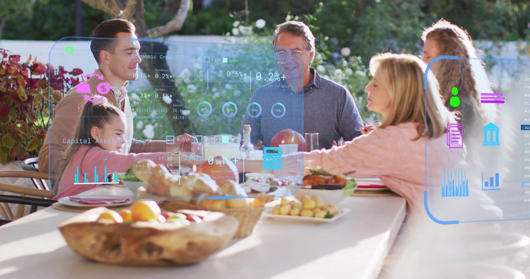 Multigenerational family sharing meal on backyard patio with holographic AR data overlays