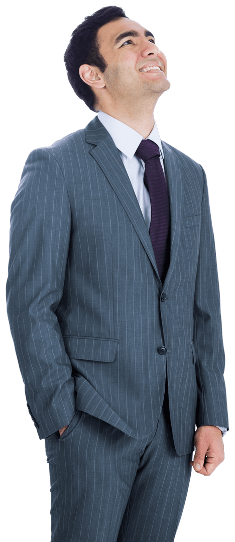 Caucasian Businessman in Pinstripe Suit Looking Up on Transparent Background