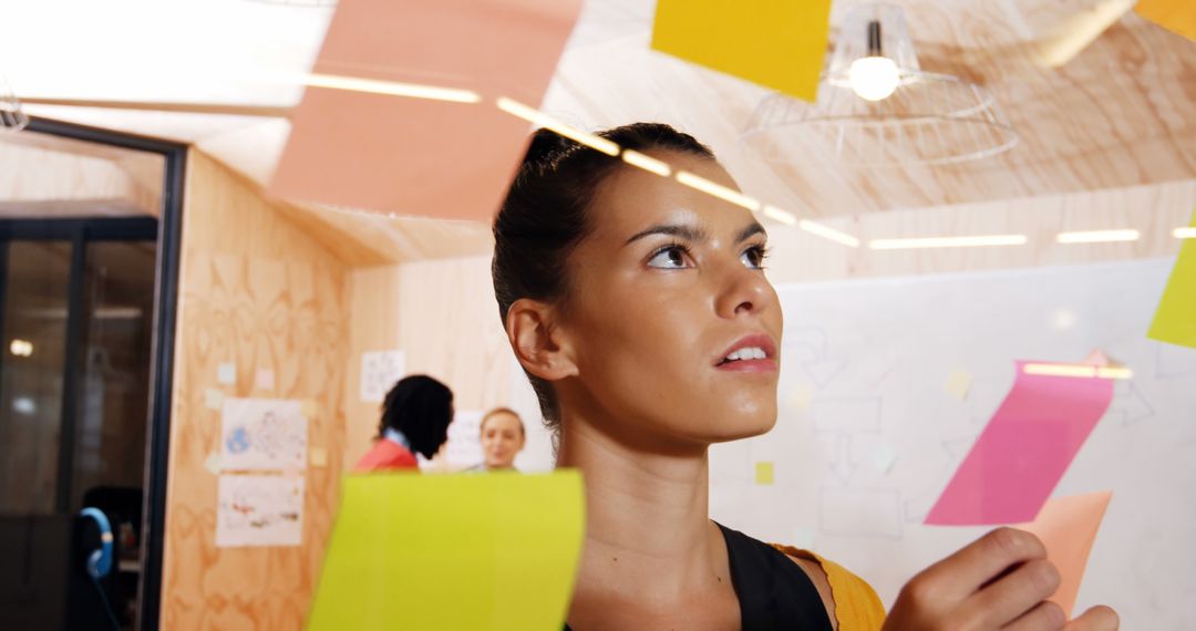 Young Woman Brainstorming Ideas with Colorful Sticky Notes in Modern Office - Free Images, Stock Photos and Pictures on Pikwizard.com