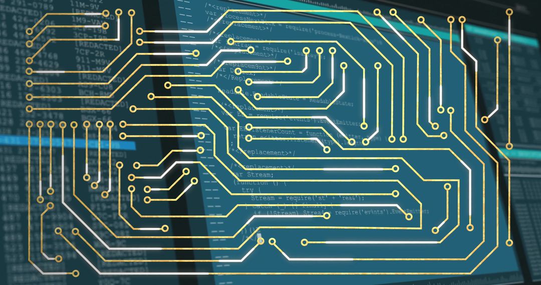 Gold Circuit Patterns Weaving across Code Display