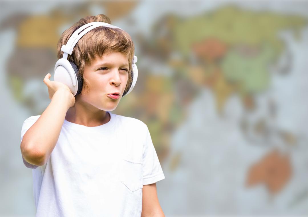 Boy Enjoying Music with Headphones Against Blurry World Map - Free Images, Stock Photos and Pictures on Pikwizard.com