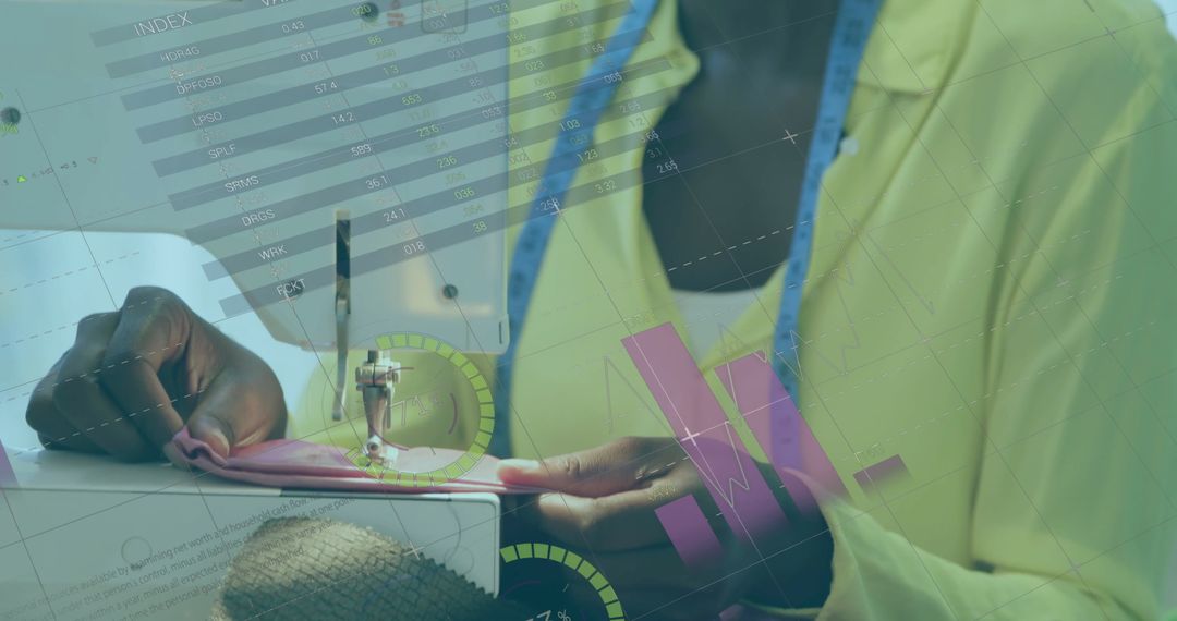 Seamstress Sewing Fabric with Data Overlay Reflecting Innovation