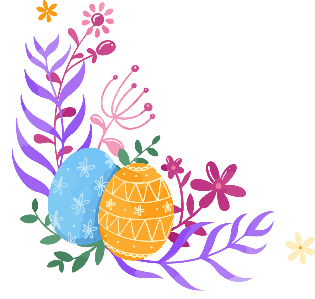 Colorful Easter Eggs in Floral Corner Wreath with Transparent Background