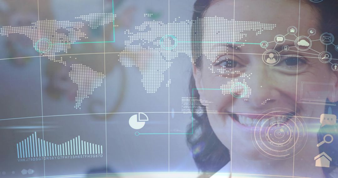 Smiling professional presenting global data dashboard with futuristic HUD overlay