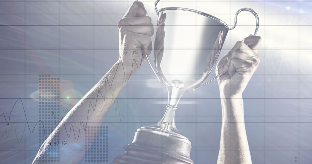 Athlete Holding Trophy with Data Overlay Representing Success