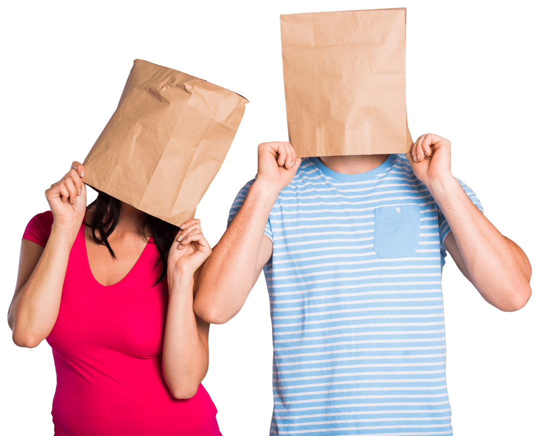 Couple with Paper Bags Over Heads Displaying Mystery on Transparent Background