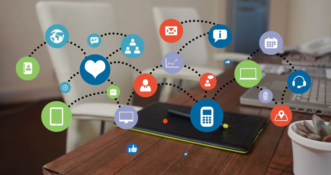 Digital Data Icons Interface Enveloping Laptop Workspace