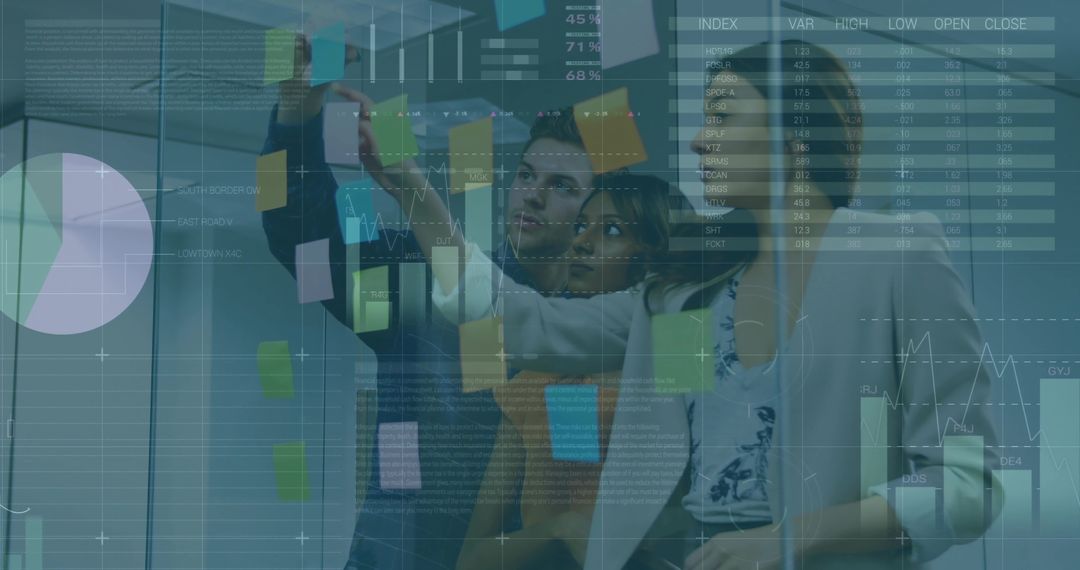 Team Collaborating with Sticky Notes and Data Visualization on Glass Wall in Modern Office