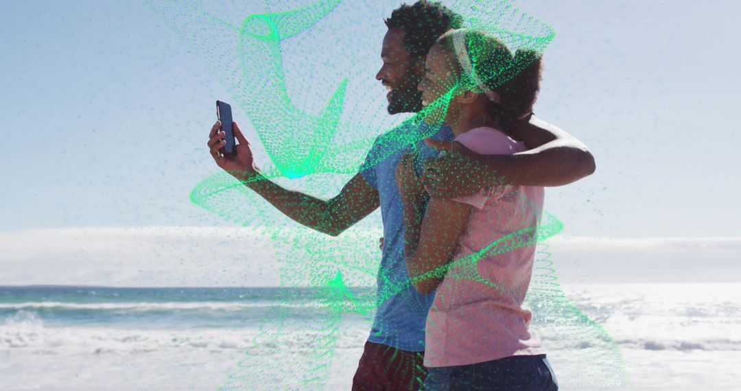 Couple Taking Selfie at Beach with Digital Overlay