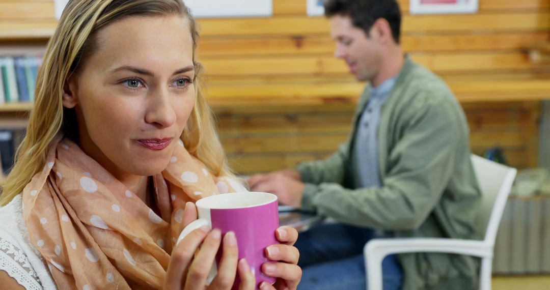 Woman Relaxing with Coffee Cup in Cozy Cafe Setting - Free Images, Stock Photos and Pictures on Pikwizard.com