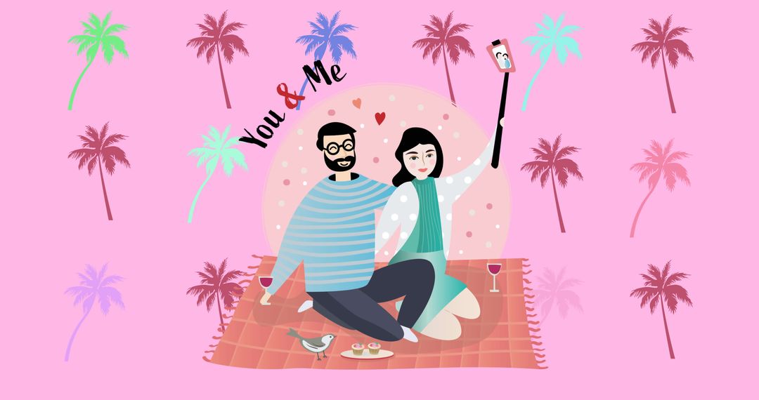 Cute Cartoon Couple Posing for Selfie on Picnic, Pink Background with Palm Trees - Free Images, Stock Photos and Pictures on Pikwizard.com