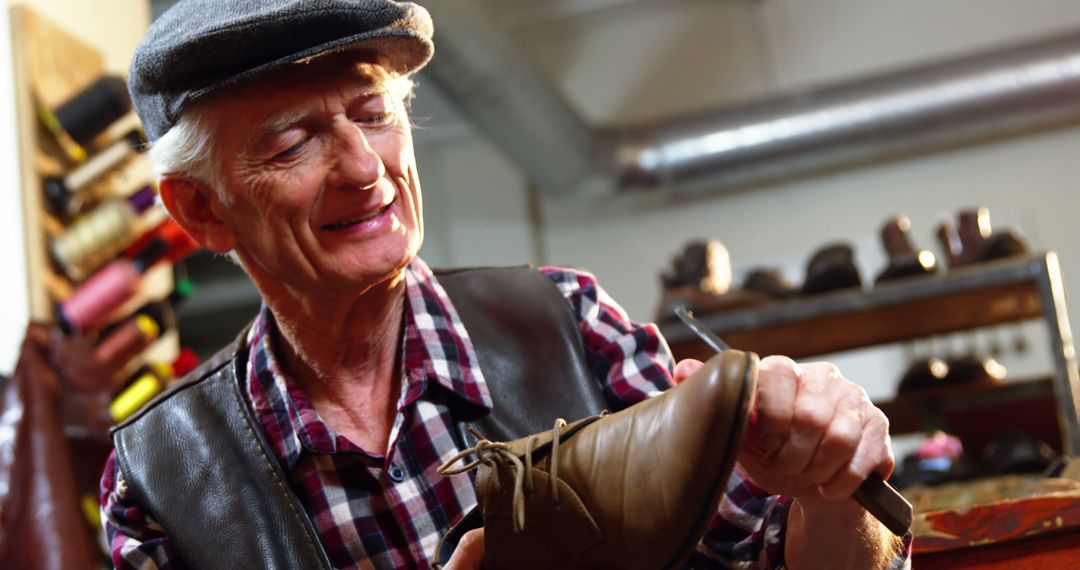 Smiling Elderly Cobbler Crafting Leather Shoe in Workshop - Free Images, Stock Photos and Pictures on Pikwizard.com