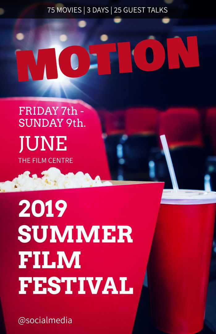 Invitation to 2019 Summer Film Festival with Red Popcorn Bucket and Drink - Download Free Stock Templates Pikwizard.com