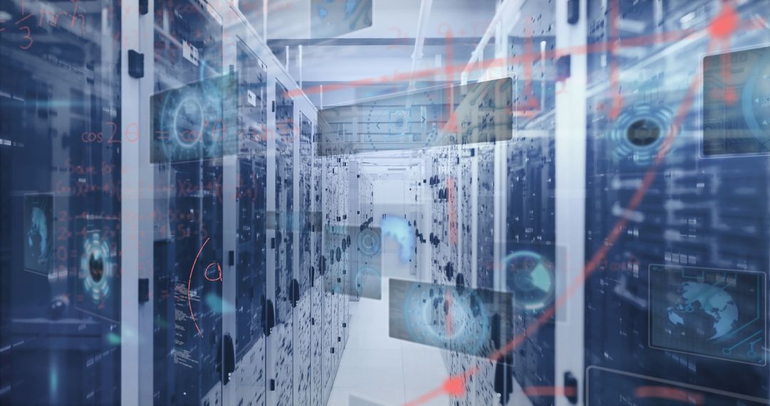Digital Information Flow in Server Room with Mathematical Overlay