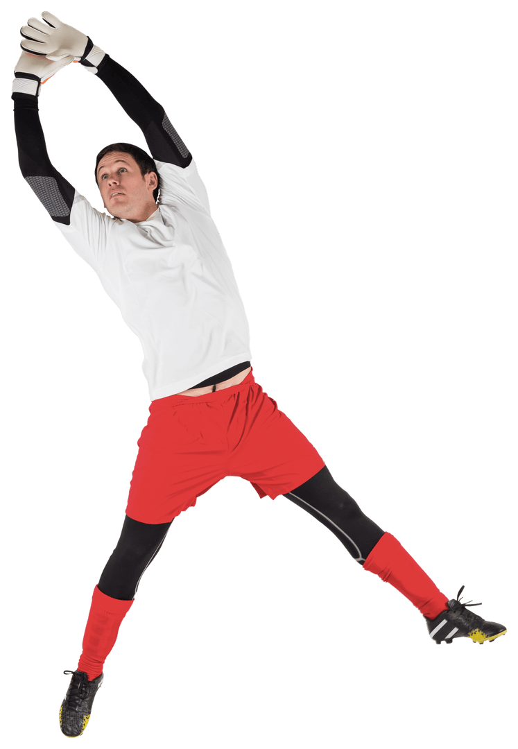 Caucasian Male Goalkeeper Jumping on Transparent Background
