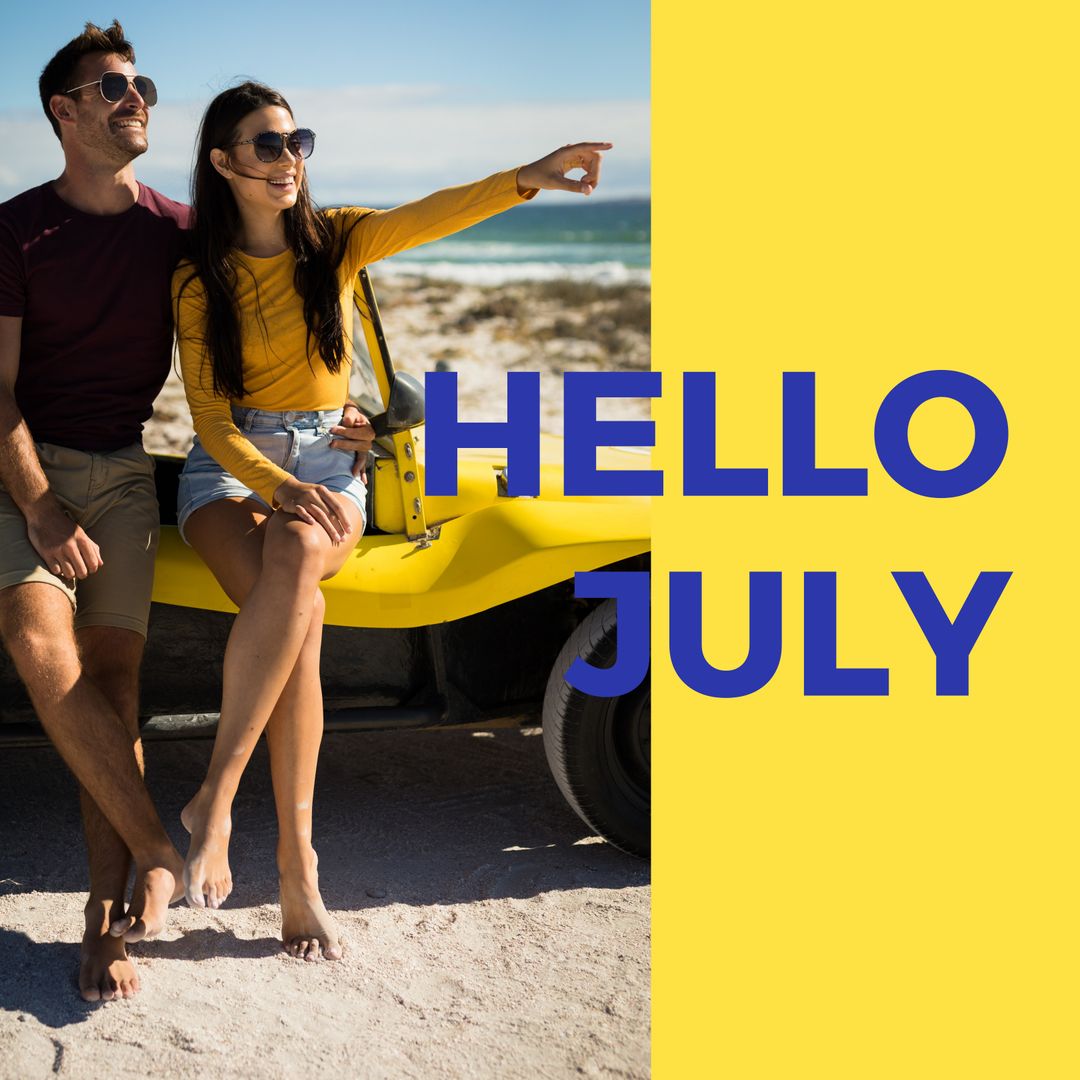 Couple Enjoying Beach Day with Playful Hello July Text Overlay