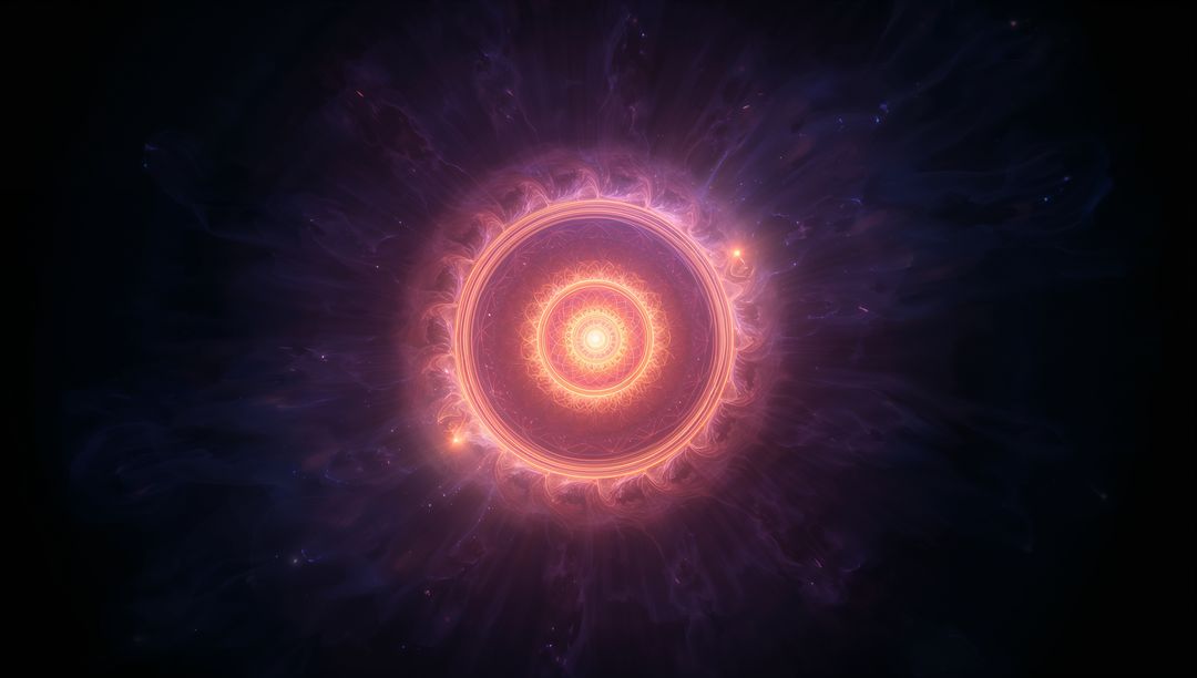 Glowing Fractal Mandala Radiating Tendrils in Dark Purple Nebula with Concentric Rings