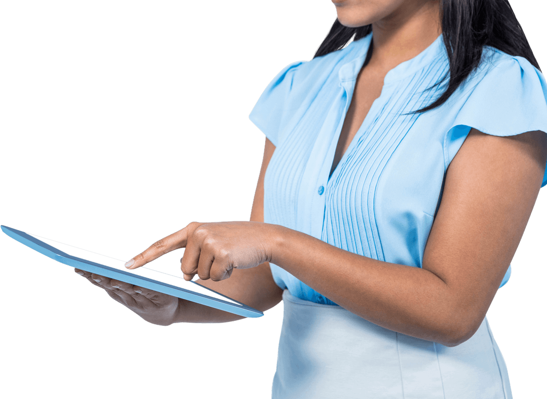 Transparent View Businesswoman Interacting with Digital Tablet