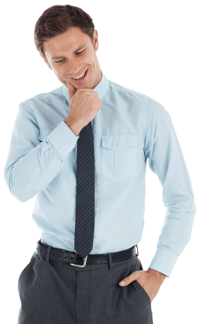 Transparent Thoughtful Businessman Posing with Hand on Chin