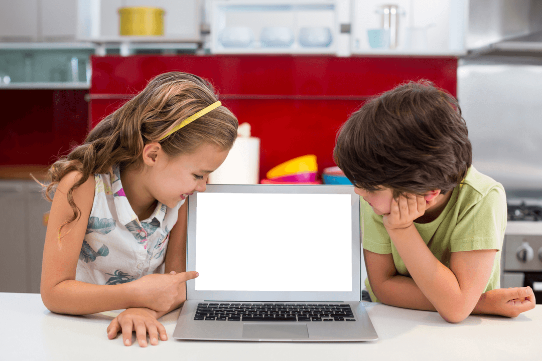 Transparent Children Enjoying Laptop Experience in Bright Kitchen