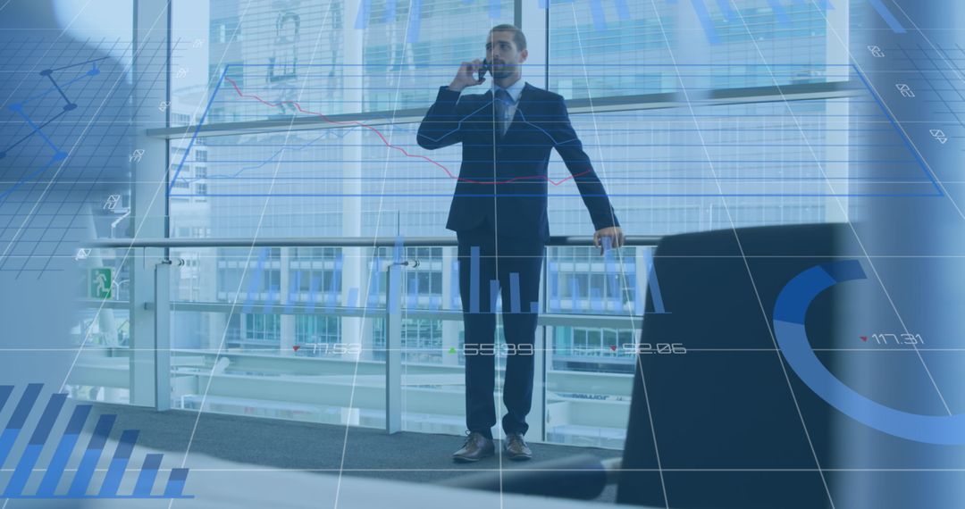 Businessman Using Smartphone with Digital Financial Data Overlay