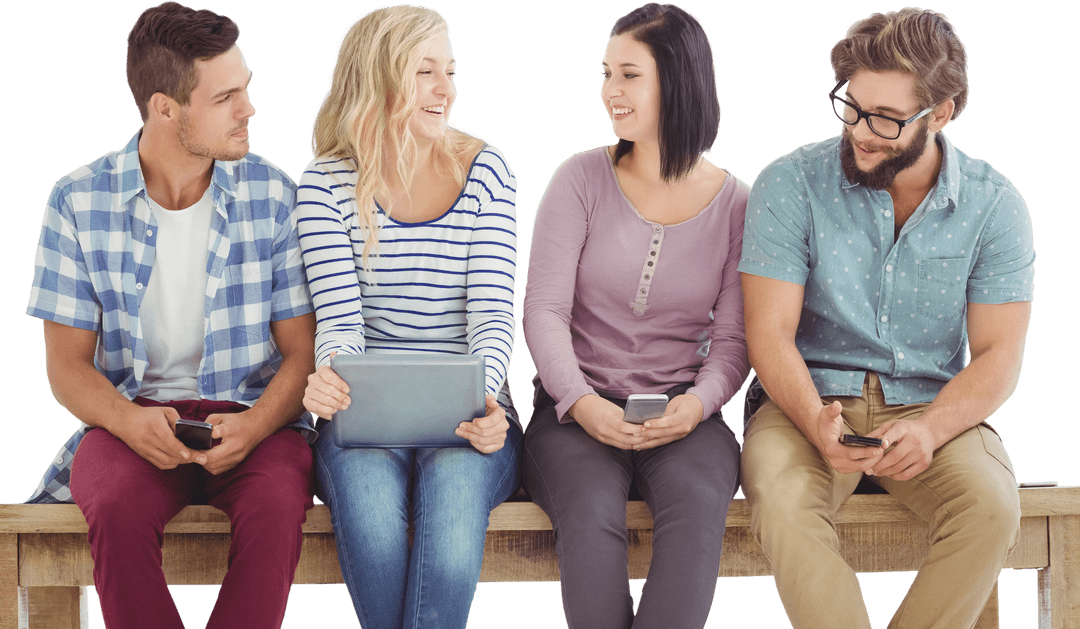 Diverse Group Holding Gadgets with Transparent Background