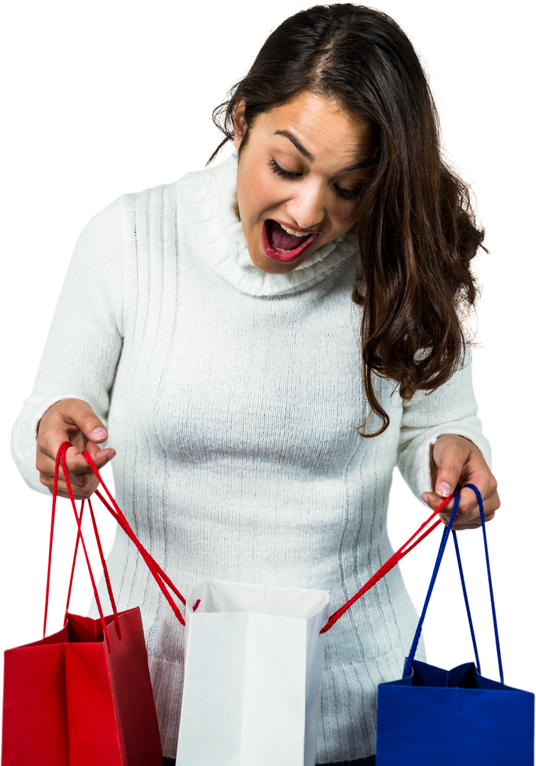 Transparent Excited Woman Holding Holiday Shopping Bags in Festive Season - Download Free Stock Images Pikwizard.com