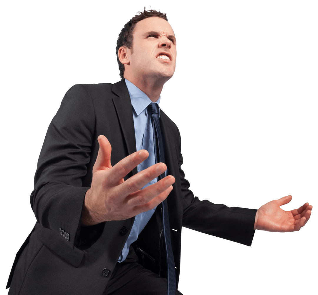 Transparent Businessman Expressing Frustration with Open Arms