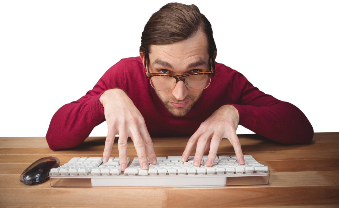 Transparent Background Man Wearing Glasses Typing on Computer at Desk - Download Free Stock Images Pikwizard.com