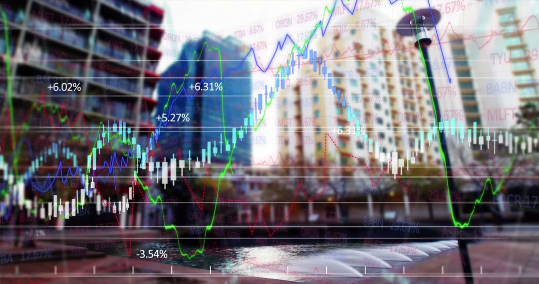 Financial Data Graphs Overlaying Urban Architecture
