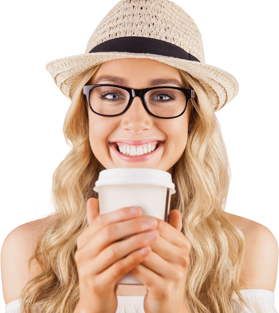 Smiling Woman Drinking Coffee on Transparent Background