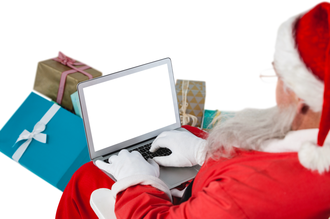 Transparent High Angle View of Santa Claus Using Laptop with Christmas Gifts - Download Free Stock Images Pikwizard.com