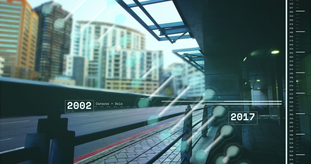 Futuristic Urban Development Timeline with Digital Overlay