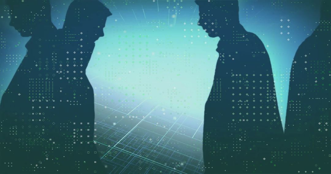 Silhouettes on Digital Grid Floor Symbolizing Futuristic Collaboration