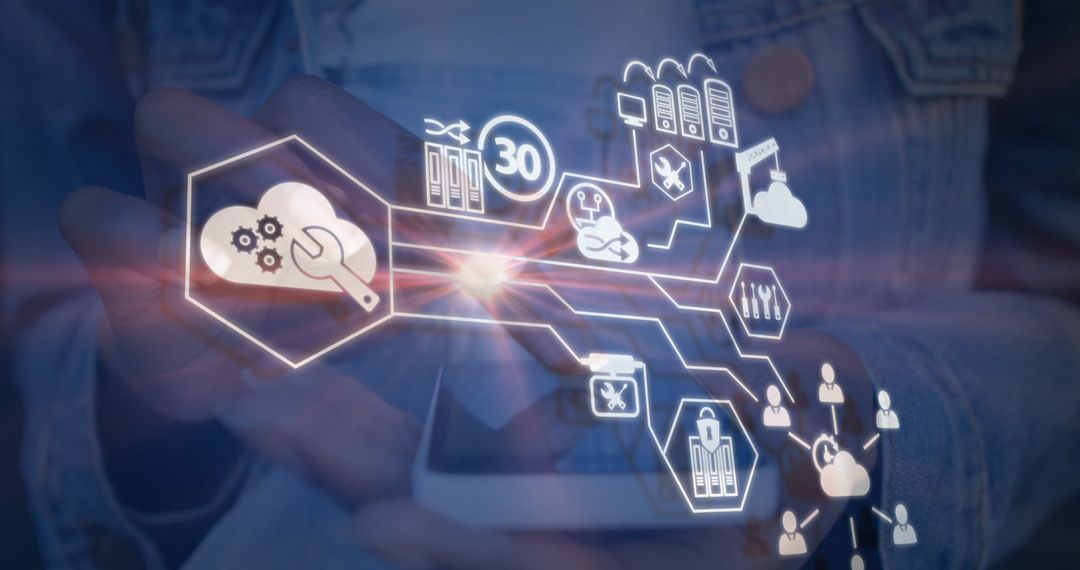 Futuristic Technology Overlay with Network Connections and Gear Icons